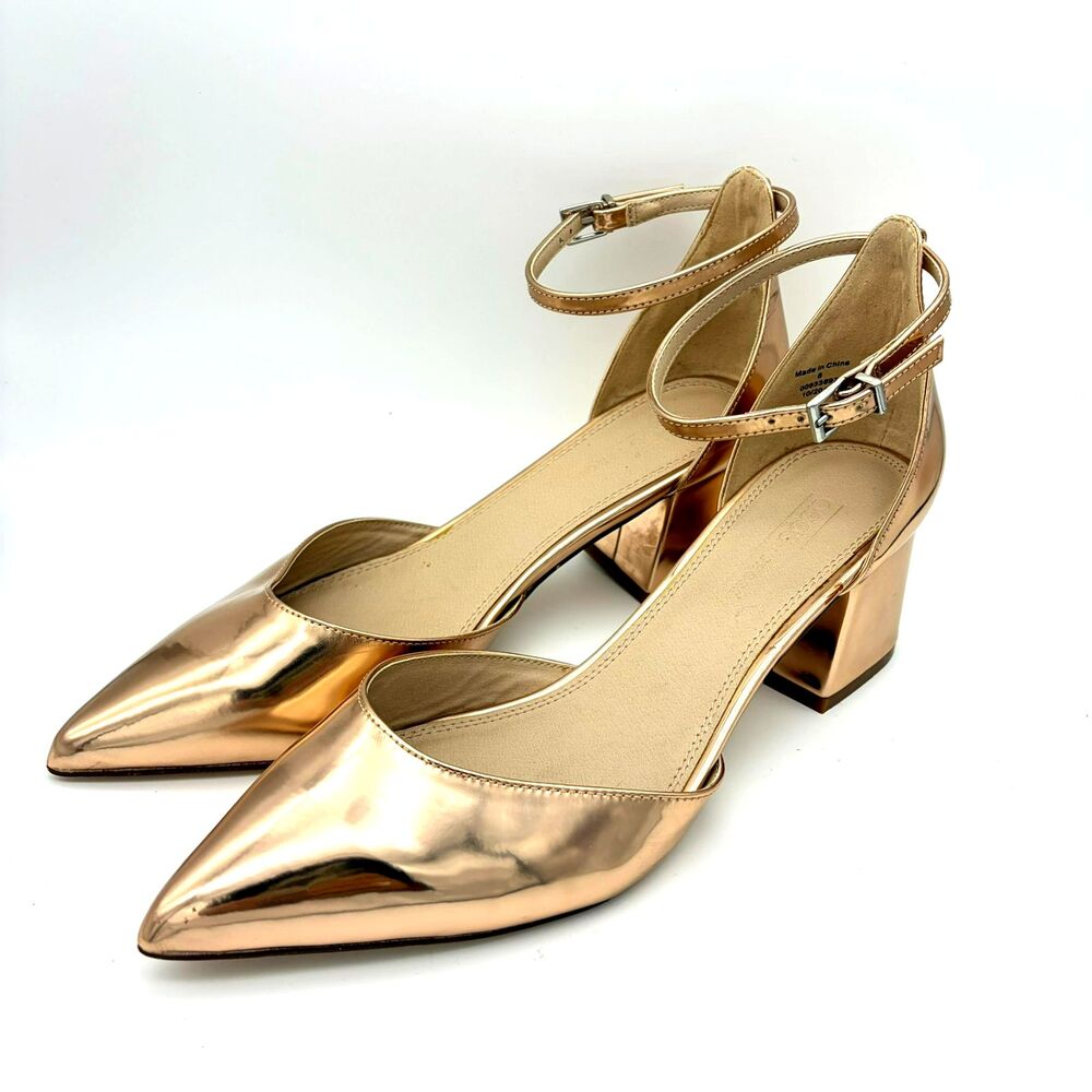 ASOS Rose Gold Block Pumps Pointed Toe Cocktail‎ Party Glam Ankle Strap Heels 8